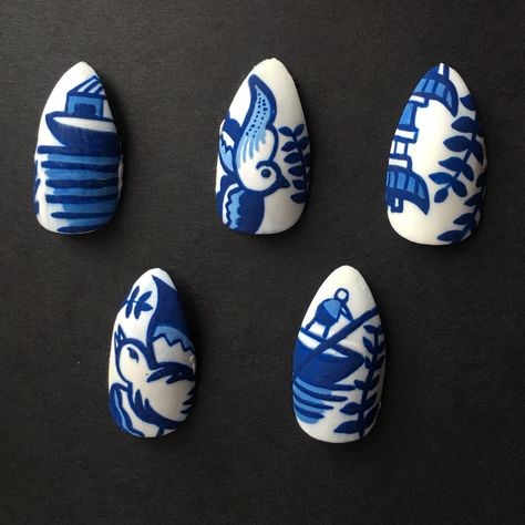 Blue China Nail Art, Fine China Nail Art, China Plate Nails, Blue China Nails, Fine China Nails, Porcelain Nail Art, China Nail Art, Porcelain Nails, Event Nails