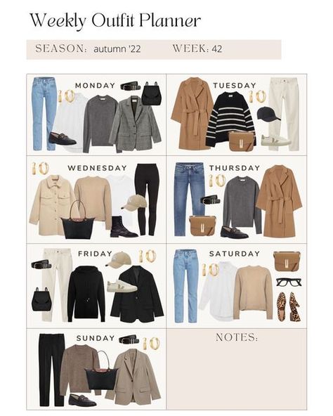 Weekly Outfit Planner, Weekend Outfits For Women, Outfit Calendar, Capsule Wardrobe Casual, Capsule Wardrobe Women, Outfit Planner, 2022 Year, Minimalist Fashion Women, Fashion Capsule Wardrobe