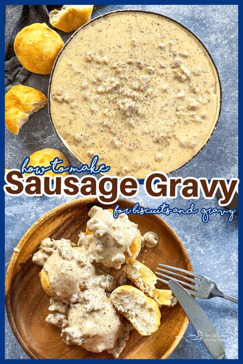 With just a few ingredients this Homemade Sausage Gravy comes together in minutes. Rich, creamy, and savory, homemade gravy is ideal for topping your favorite biscuits for Biscuits and Gravy – the ultimate comfort food. Gravy Recipe For Biscuits And Gravy, Homemade Sausage Gravy And Biscuits, Easy Homemade Sausage Gravy, Quick Sausage Gravy, Breakfast Gravy Recipe Without Sausage, Bisquets And Sausage Gravy, Best Sausage Gravy Recipe, Easy Biscuits And Gravy, Country Gravy Recipe