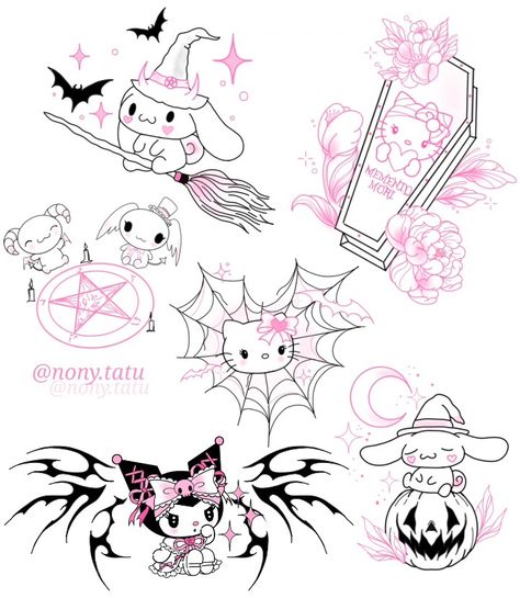 Kawaii Goth Tattoo Ideas, Kawaii Tattoo Stencil, Hello Kitty And Friends Tattoo Ideas, Creepy Kawaii Tattoo, Dark Kawaii Tattoo, Kawaii Tattoo Design, Scary Hello Kitty Tattoo, Sanrio Halloween Tattoo, Tattoo Ideas Sanrio