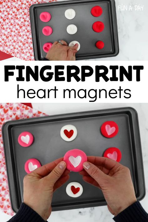 Fingerprint Heart Gifts Kids Can Make - Fun-A-Day! Diy Valentine's Gifts For Kids, Process Art Activities, Baking Soda Clay, Preschool Valentines Day, Preschool Valentines Activities, Parent Gift Ideas, Toddler Valentine Crafts, Preschool Valentine Crafts, Valentines Diy Kids