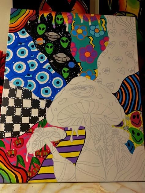 Drawing Ideas Big Canvas, Simple Psychadelic Art, What To Draw With Paint Markers, High School Art Ideas, Painting Inspo Trippy, Easy Backgrounds To Paint, Things To Draw Trippy, Cool Art Paintings Trippy, Trippy Art Ideas Easy