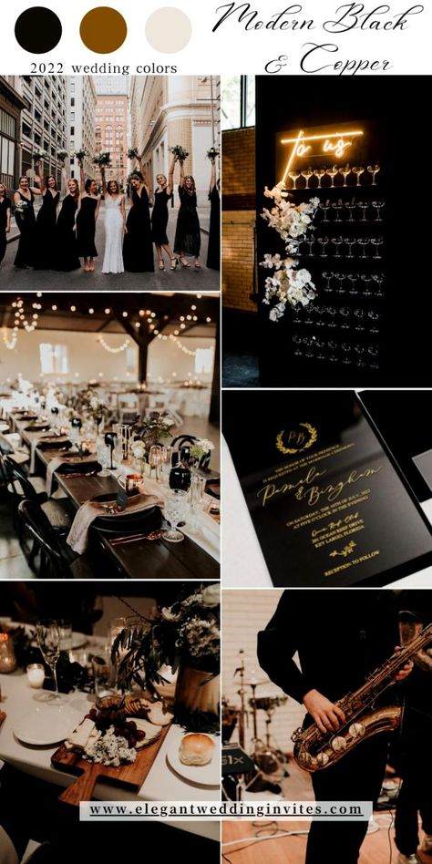 Wedding Black Tie Theme, Rust Black And White Wedding, Dark Gray Wedding Theme, White And Black Theme Wedding, Classic Black And White Wedding Party, Black And White And Gold Wedding Decor, All Black Wedding With Colorful Flowers, Modern Black And Copper Wedding, Black And Champagne Wedding Colors Decor