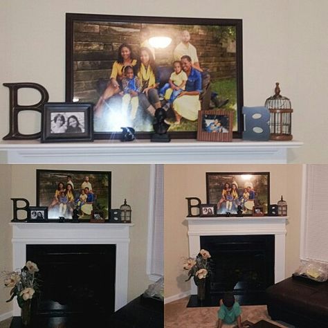 Our family portrait and mantel, fireplace www.genaebanksphotography.com Fireplace Mantel Decorating Ideas With Family Pictures, Fireplace Mantle Picture Display, Mantle With Family Photos, Family Portrait Above Fireplace, Large Family Pictures, Fireplace Decorating, Stone Mantle, Mantle Decorating, Mantel Fireplace