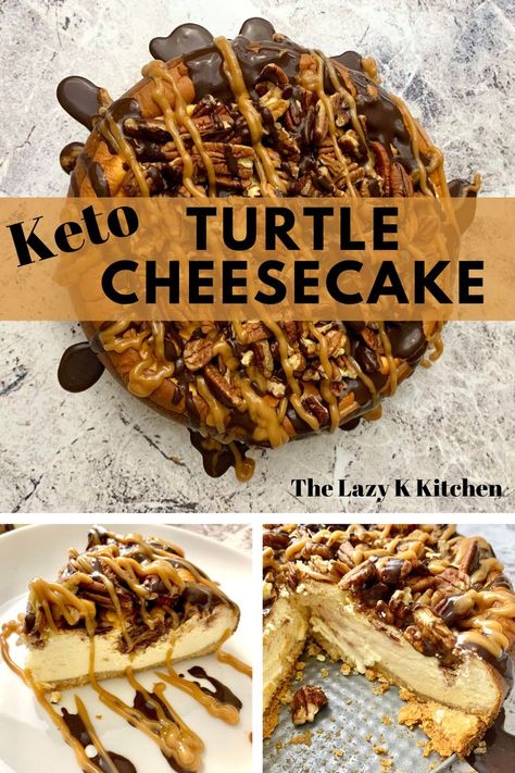 This Keto Turtle Cheesecake recipe is so easy to make! I was so surprised how easy it was and it was so delicious! #keto #ketorecipes #ketogenic #ketogenicrecipes #holidayrecipes #holiday #lowcarb #lowcarbrecipes #sugarfree #glutenfree #sugarfreerecipes #glutenfreerecipes #ketodesserts #ketodessertrecipes #ketocheesecake #cheesecake #turtlecheesecake #ketosis Turtle Cheesecake Recipe, Turtle Cheesecake Recipes, Low Carb Gluten Free Recipes, Low Carb Christmas, Turtle Cheesecake, Sugar Free Recipes Desserts, Low Carb Cake, Low Carb Cheesecake, Low Carb Baking