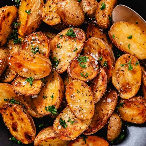 Oven Roasted Baby Gold Potatoes — Crispy!! Baked Petite Gold Potatoes, Golden-russet-potatoes Recipe, Small Oven Roasted Potatoes, Roasting Mini Potatoes In Oven, Roasted Petite Gold Potatoes, Petite Yellow Potato Recipe, Oven Mini Potatoes, Petit Gold Potatoes Recipes, Crispy Baby Potatoes In Oven