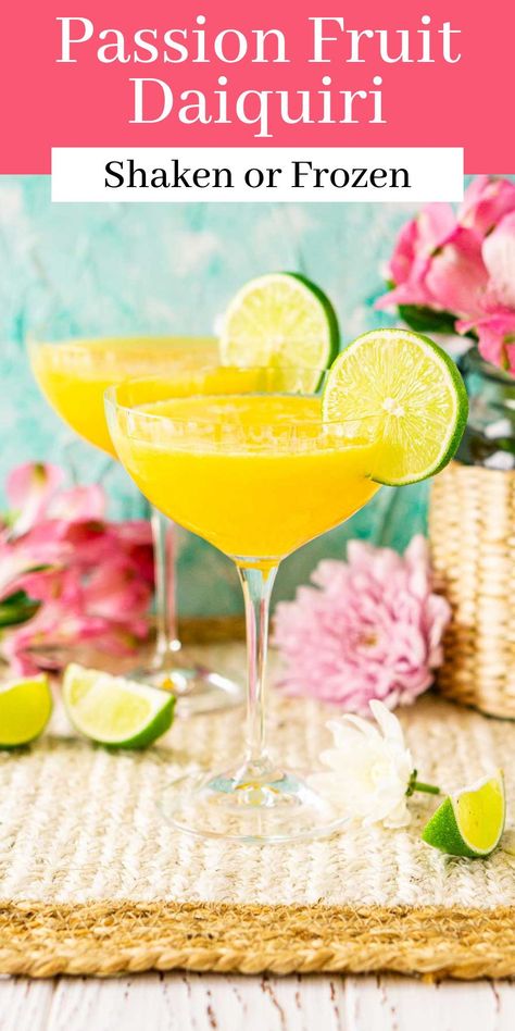 Let’s get tropical and mix up this passion fruit daiquiri! Fresh passion fruit purée and lime juice gives this daiquiri an extra beachy flavor to make you feel like you’re on vacation with every sip. You can make this daiquiri shaken or frozen, and it’s the perfect signature summer cocktail for any occasion. Passion Fruit Daiquiri, Eggplant Bolognese, Fruity Cocktail Recipes, Summer Cocktail Menu, Passion Fruit Mojito, Passion Fruit Margarita, Bubble Recipe, Frozen Drink Recipes, Happy Hour Food