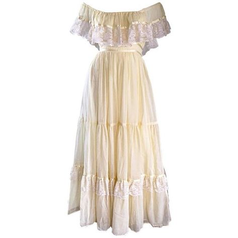 Preowned 1970s Vintage Yellow Cotton Voile + Lace Off - Shoulder... ($895) ❤ liked on Polyvore featuring dresses, yellow, sleeved maxi dress, vintage lace dress, yellow lace dress, lace sleeve dress and off the shoulder dress Off Shoulder Lace Dress, Vintage Pink Dress, Empire Maxi Dress, Dresses Yellow, Yellow Lace Dresses, 70s Maxi Dress, Yellow Maxi Dress, Yellow Maxi, Lace Dress Vintage