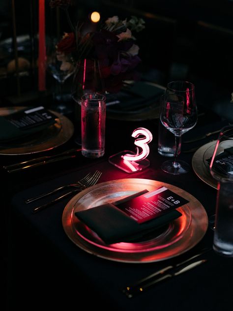 Dark-Lit Reception, Custom Menu With Neon Table Number Lit Up Rave Wedding, Neon Table, Reception Table Settings, Custom Menu, Candles Dark, Reception Tablescapes, Non Traditional Wedding, Rave Party, Moody Wedding