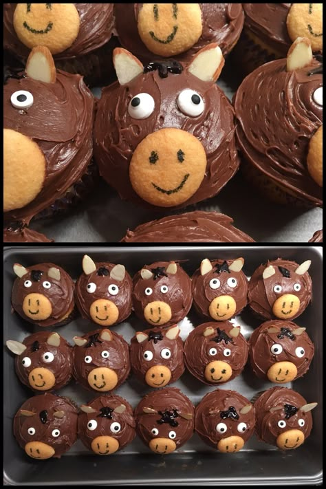 Food For Horse Themed Party, Horse Cupcakes Ideas Easy, Horse Dessert Ideas, Western Party Cupcakes, Horse Themed Snacks, Horse Themed Food, Donkey Cupcakes, Horse Cupcakes Ideas, Bull Cupcakes