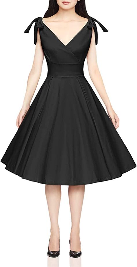 GownTown Women's 1950s V-Neck Bowknot Swing Cocktail Dress Black at Amazon Women’s Clothing store Graduation Dress Designs, 1950 Dress, 1950s Cocktail Dress, Pleats Dress, Cocktail Dress Black, Vintage Silhouette, Black Clothing, Dress Silhouette, Black Cocktail Dress