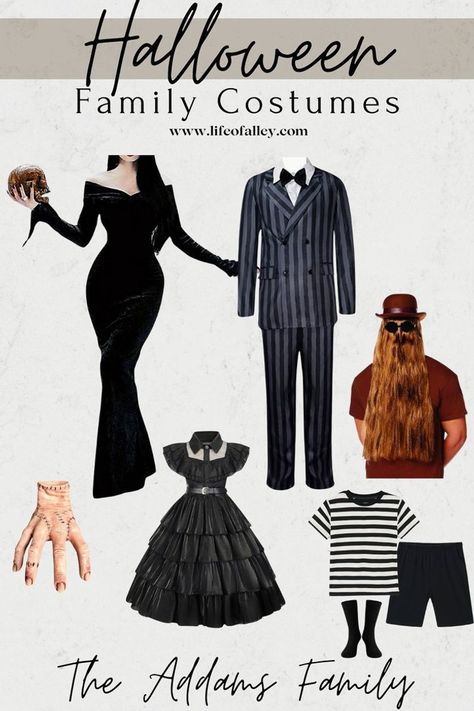 Addams family halloween costume - links and details plus 5 other easy family halloween costumes to recreate! Adams Family Costume Ideas, Wendsday Addams Costume, Diy Adams Family Costume, Adams Family Halloween Costumes, Easy Family Costume Ideas, The Addams Family Costumes, Halloween Costumes Adams Family, Addams Family Costume, Madeline Costume