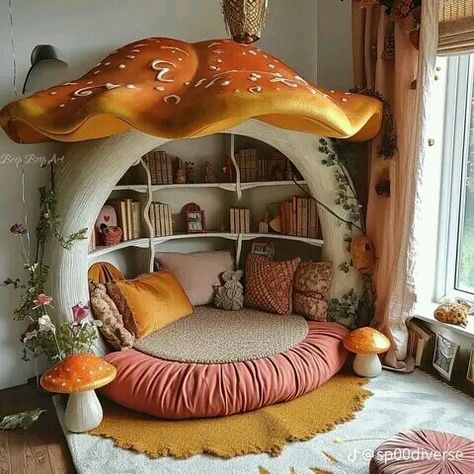 Mushroom Bedroom Decor, Fairy Nursery Theme, Mushroom Bed, Mushroom Bedroom, Mushroom Room, Fairy Nursery, Nursery Theme, Pretty Decor, Bedroom Loft