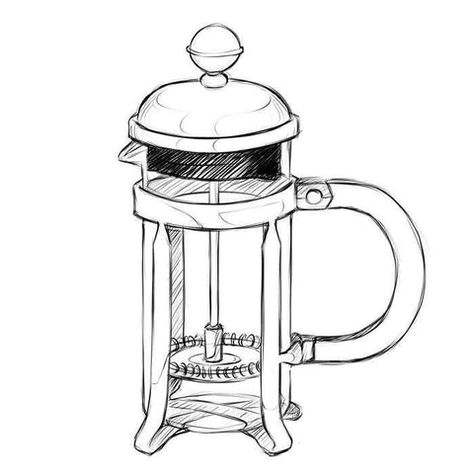 French Press Drawing, French Press Illustration, Coffee Machine Illustration, Coffee Doodle, Aeropress Coffee, Coffee Maker Machine, Achilles Heel, Coffee Tattoos, Coffee Drawing