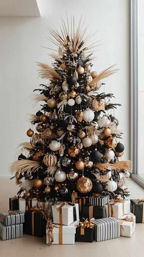 Modern black and white Christmas tree with metallic ornaments, natural elements, and presents on a white wooden floor. Black And Bronze Christmas Decor, Christmas Tree Decorations Gold Silver, Bronze And White Christmas Tree, Black Gold Copper Christmas Tree, White Gold Silver Christmas Tree Decorating Ideas, Gold White And Black Christmas Tree, Black White Brown Christmas Tree, Black And Copper Christmas Decor, Black Rose Gold Christmas Tree