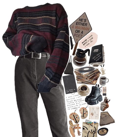 broody Outfit | ShopLook 90s Cozy Outfits, Vintage Fall Outfits 90s, 90s Autumn Fashion, Nerd Aesthetic Outfit, Marauders Outfits, 90s Nerd, Thrifting Clothes, Nerd Aesthetic, Nerd Outfits