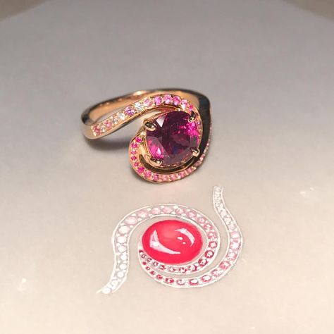 Luis-Miguel Howard (@lmhowardjewels) on Instagram: Rhodolite garnet ring embellished with rubies, pink sapphires and and diamonds set in rose gold. #jewellerydesign #bespoke #oneofakind #luxury #ring Drawing Galaxy, Ring Drawing, Original Engagement Rings, Rhodolite Garnet Ring, Galaxy Ring, Working Drawing, Jewelry Illustration, Spiral Ring, Chinese Ink