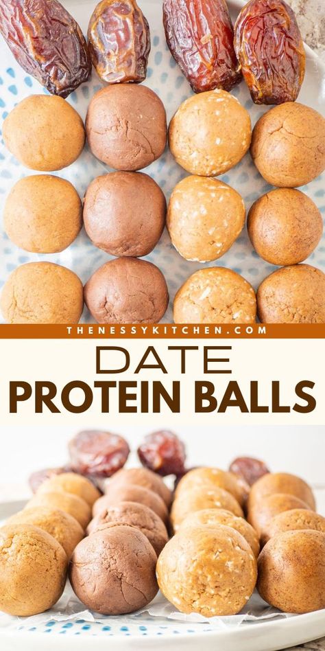 Bite into some naturally sweet food! It's a delicious snack recipe featuring energy balls with dates. Not only are these Medjool date protein balls healthy, but they will also satisfy your craving. Enjoy them in 6 different flavors! Energy Balls With Dates, Date Protein Balls, Paleo Protein Balls, Protein Balls Healthy, Fresh Fruit Recipes, Healthier Desserts, Date Recipes, Protein Balls, Health Ideas