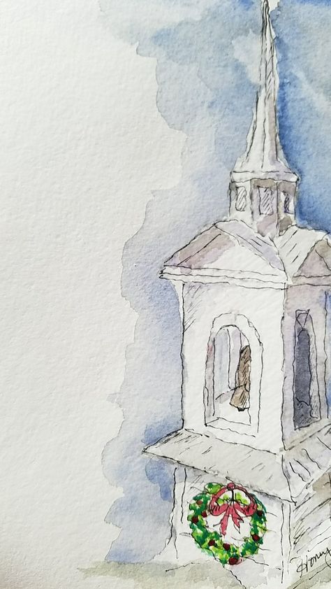 The Steeple at The Waters Church Watercolor Painting, Church Watercolor, Valentines Banquet, Watercolour Lessons, Church Valentines, Christmas Florals, Country Churches, Old Country Churches, Window Drawing