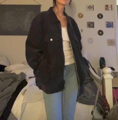 jeans, top & jacket: brandy melville Brandy Melville Jacket, Navy Blue Sweatshirt, Corduroy Jacket, Utility Jacket, Brandy Melville, Jacket Tops, Brandy, Trendy Outfits, Lookbook