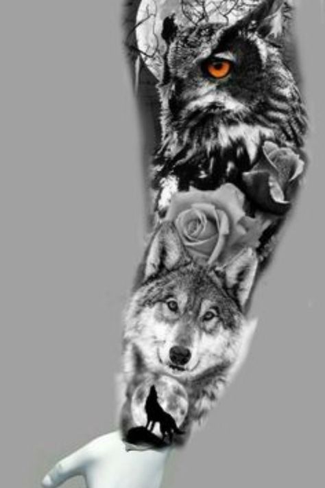 Sleeves For Men Tattoos Guys, Wolf And Owl Tattoo Design, Realistic Animal Tattoos, Artist Recommendations, Tattoo Artist Portfolio, Wilderness Tattoo, Realistic Owl Tattoo, Owl Tattoo Sleeve, Wolf Sleeve