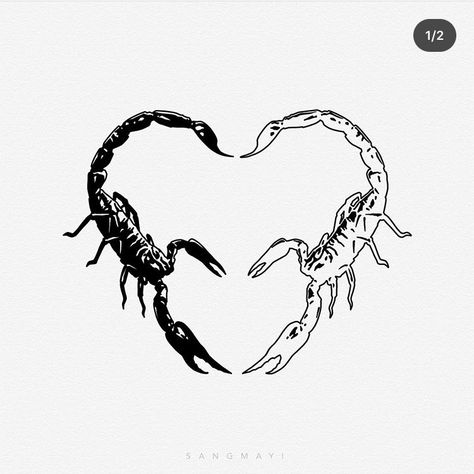 Two Scorpios Together Tattoo, Scorpion Aesthetic Art, Scorpio Tattoo With Heart, Aesthetic Scorpion Tattoo, Scorpion Tattoo Aesthetic, Two Scorpions Heart Tattoo, Squirpion Tattoos, Scorpio Heart Tattoo, Two Scorpions Tattoo