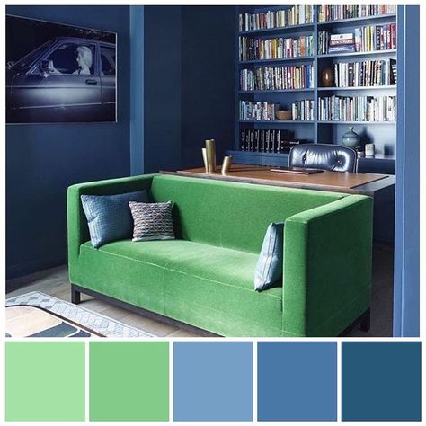 Colour Palettes on Instagram: “There’s something so,luscious about this study and it has everything to do with the high chroma analogous colours of the couch and walls!…” Color Wheel Interior Design, Laura Santos, Analogous Color, Lemieux Et Cie, Interior Design Color Schemes, Loft Home, Analogous Color Scheme, Interior Design Classes, Cool Colours