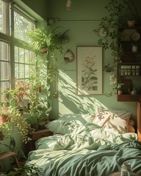 Soft Green Aesthetic Bedroom, Cute Green Bedroom, Couler Pallets, Summer Interior Design, Unique Rooms, Calm Room, Dream Bedroom Inspiration, Fantasy Bedroom, Sage Green Bedroom