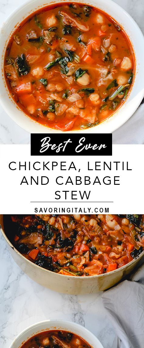 This simple vegan cabbage and lentil stew recipe comes together quickly with mostly pantry ingredients. The addition of cabbage makes for a hearty and filling meal. Enjoy it with a loaf of easy to make no-knead bread and you have the most perfect meal! Be sure to have your ingredients prepped and ready before you start cooking! Lentil Soup With Cabbage, Vegan Recipes With Cabbage, Cabbage And Lentils, Cabbage And Lentil Soup, Cabbage And Lentil Recipes, Cabbage Lentil Soup, Lentil Cabbage Soup, Cabbage And Beans, Cabbage Stew Recipe