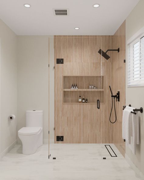 Bathroom With Toilet Privacy Wall, Shower And Toilet Side By Side, Basil Bathroom, Steam Bathroom Ideas, Wood Tile Shower Ideas, Modern Shower Tile Ideas, Wetroom Ideas, Natural Wood Bathroom, Wood Panel Bathroom