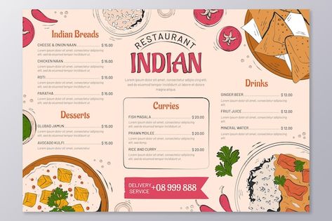 Free vector hand drawn traditional india... | Free Vector #Freepik #freevector #indian-menu #lunch-menu #hand-drawn-menu #menu-template Indian Menu Design, Japanese Food Menu, Resturant Menu, Indian Food Menu, Thai Food Menu, Rice Healthy, Healthy Restaurant Food, Restaurant Website Design, Sushi Menu