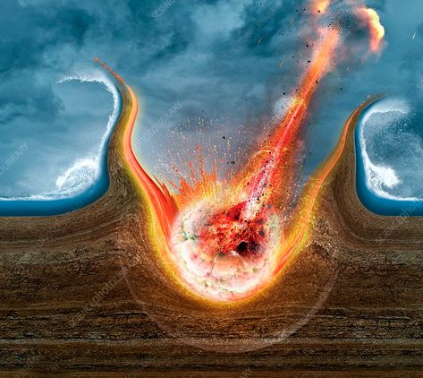 Asteroid impact event, illustration - Stock Image - C048/3567 - Science Photo Library Dinosaurs Extinction, South American Rainforest, Impact Event, Impact Crater, Science Photos, Space Rock, North Dakota, Photo Library, Buy Prints