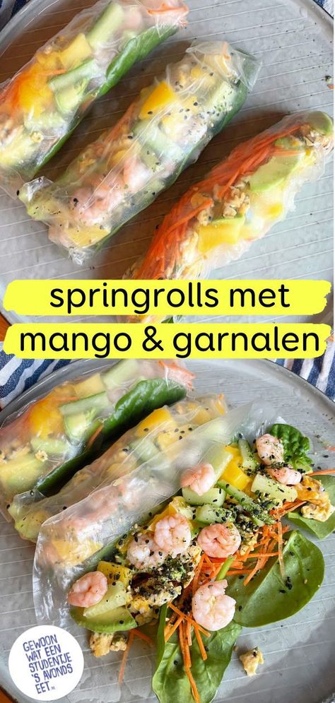 Op zonnige dagen wil ik graag lekkere frisse gerechten: zoals fresh springrolls. Super makkelijk om te maken en ontzetten lekker. Ik deel mijn recept voor fresh springrolls met mango, garnalen, ei en avocado. Je zet de ingrediënten in bakjes op tafel zodat iedereen zelf z’n springrolls kan rollen. Je bent zo’n 15-20 minuten bezig met de voorbereiding en dan kan je aan tafel om je fresh springrolls met mango te rollen. Lees het springrolls recept op mijn website |springrolls recept garnalen Mini Breakfast Food, Mango Avocado, Asian Kitchen, Healthy Recipies, Caribbean Recipes, Spring Rolls, Easy Cooking, Savoury Food, Healthy Lunch