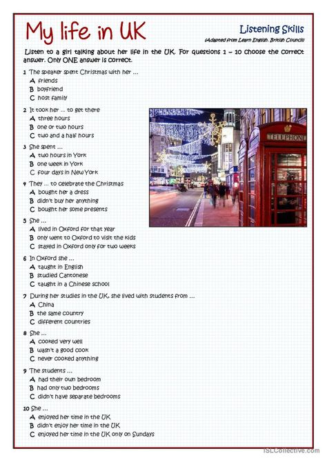 LISTENING - MY LIFE IN THE UK: English ESL worksheets pdf & doc Listening Skills Worksheets, Esl Listening Activities, Listening English, Listening Test, Life In The Uk, Grammar For Kids, Uk English, English For Beginners, English Language Learning Grammar