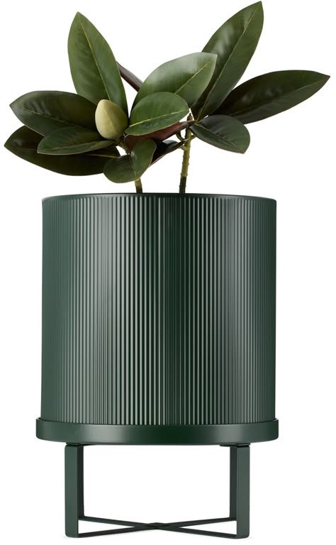 Ribbed powder coated galvanized steel pot in green. · Detachable stand · Drainage hole · Outdoor safe · H38 x D28 cm Supplier color: Dark green Cb2 Planters, Green Accessories Living Room, Small Balcony Plants, Green Flower Pots, Container Planting, Self Watering Pots, Design Showroom, Balcony Plants, Green Accessories