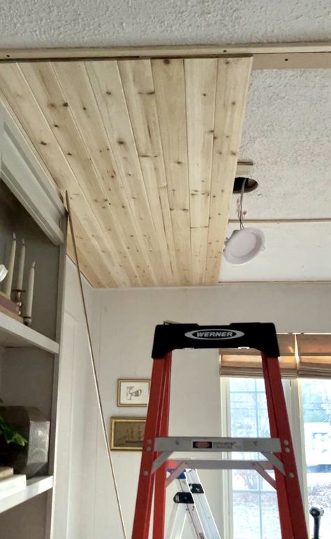 Cedar Planks Over Popcorn Ceiling PT1 - Made by Carli Planking Ceiling Diy, Ceiling Farmhouse Ideas, Gambrel Ceiling Ideas, Wood Plank Basement Ceiling, Finishing Basement Ceiling, Ceiling Shiplap Diy, Wood Ceiling Beach House, Redo Ceiling Ideas, Ceiling Renovation Ideas