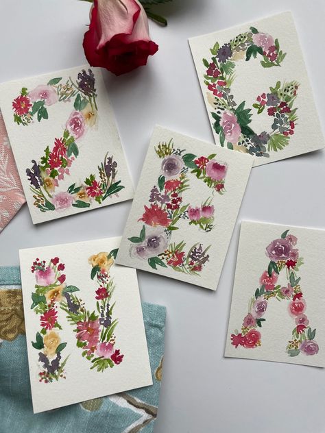 Initial Painting, Watercolor Alphabet Cards, Watercolor Flower Letters, Floral Monogram Letter Initials, Floral Alphabet Letters Flower, Watercolor Initials Floral, Group Art Projects, Watercolor Calligraphy, Group Art