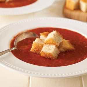 Tomato Soup with Cheese Croutons Paula Deen Magazine Grilled Blt, Soup With Cheese, Grilled Cheese Croutons, Crouton Recipes, Bacon Cheeseburger Soup, Cheese Croutons, Beer Cheese Soups, Paula Deen Recipes, Sandra Lee