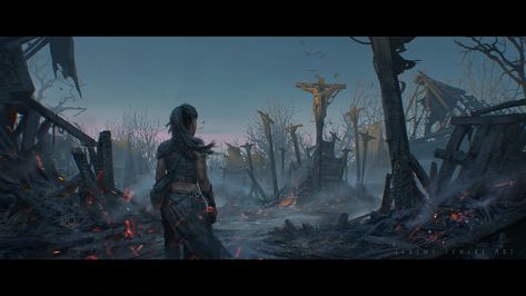 ArtStation - Burned Village, Jeremy Fenske Burned Village, Burning Village, Fantasy Story, Fantasy Setting, Fantasy Places, Environment Concept Art, Medieval Fantasy, Fantasy Artwork, Fantasy Landscape