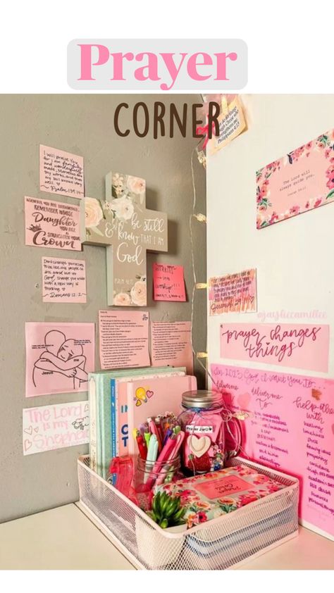 A great idea for a prayer corner!! Time to spend your time with God and create a better relationship. Grow communication with the lord . Diy Prayer Board, Prayer Vision Board, Bible Study Activities, Prayer Room Ideas, Time With God, Prayer Closet, Better Relationship, Prayer Corner, Bible Journal Notes