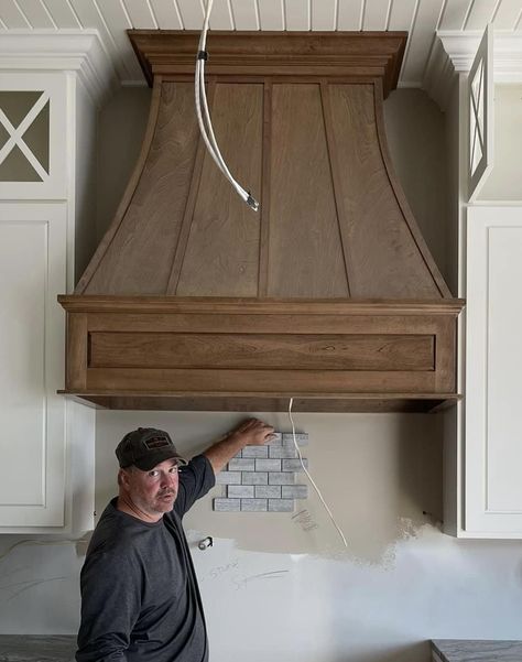 Over Hood Range, Tall Range Hood Ideas, Kitchen Exhaust Hood Ideas Wood, Farmhouse Hood Vent, White And Wood Range Hood, Stained Vent Hood, Tall Range Hood Vaulted Ceiling, Vented Range Hood, Wooden Vent Hood Ideas