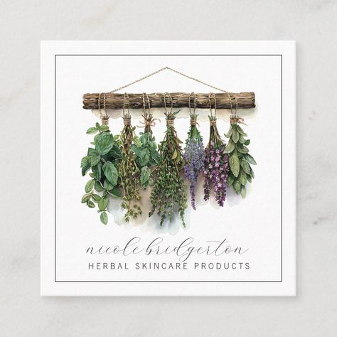 Modern Herbal Skincare Products Herbal Botanicals Square Business Card Dried Herbs Hanging, Herb Cards, Herbalist Business, Herb Packaging, Apothecary Business, Watercolor Botanicals, Herbal Skincare, Herbal Skin Care, Rustic Watercolor