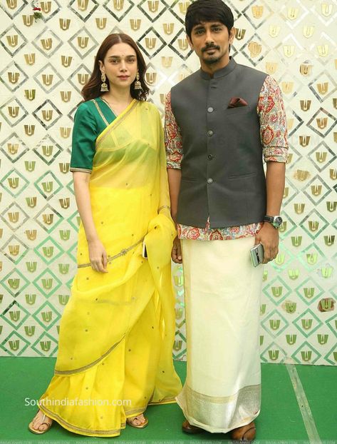 aditi rao and siddarth at sharwanand engagement scaled Aditi Rao Hydari Silk Saree, Aditi Rao Hydari Blouse Design, Aditi Rao Saree, Aditi Rao Hydari And Siddharth, Sharwanand Engagement, Aditi Rao Hydari Saree, Aditi Rao Hydari Indian Outfits, Wedding Celebrity, Blue Blouse Designs