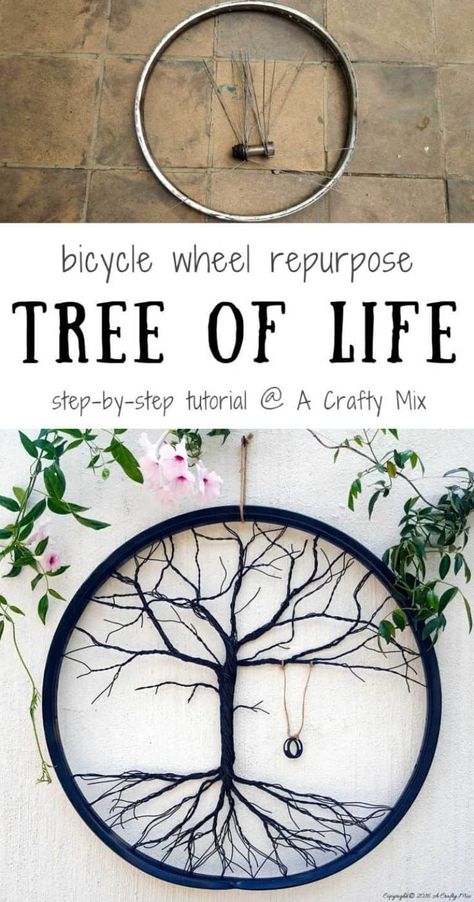 Unique and unusual Tree of Life garden art made from a repurposed bicycle wheel. Full tutorial on the blog #DIYHomeDecor #Repurpose #repurposed #bicycle #treeoflife #acraftymix #DIYtutorial #bicycleupcycle #brokenbicycle Bicycle Rims, Bicycle Decor, Wheel Decor, Old Bicycle, Wheel Art, Diy Welding, Bicycle Wheel, Bicycle Art, Sculpture Metal