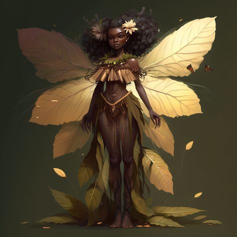 Fae Creatures Illustrations, Black Fantasy Creatures, African Fairy Tattoo, Black Fairy Painting, Plus Size Black Fairy, Black Fae Art, Black Fairies Art, Nyphm Fairy, Fairy Black Women