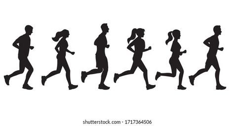 Running people silhouettes. Run concept. Men and Women jogging. Marathon race, sport and fitness design template with runners and athletes in flat style. Vector illustration. Running People, Running Silhouette, Man Illustration, Fitness Design, Girl Running, Flat Style, Running Man, Cross Country, Print Out