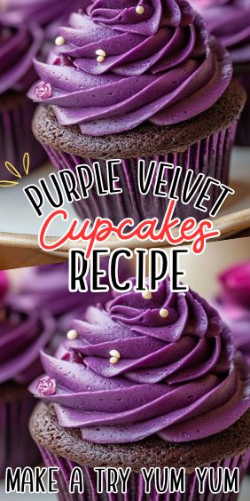 Purple Velvet Cupcakes Purple Frosted Cupcakes, Fun Flavored Cupcakes, Purple Foods For Color Party, Cupcakes With Purple Frosting, Purple Cupcakes Ideas, Purple Foods For Party, Purple Velvet Cupcakes, Purple Treats, Purple Wedding Cupcakes