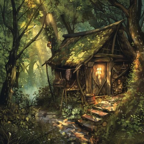 Medieval Hut Interior, Fantasy Hideout, Medieval Cabin, Fantasy Cabin, Medieval Cottage, Dnd Locations, Fantasy Cottage, Wooden Hut, Fantasy Town