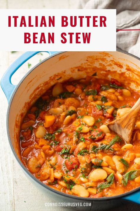 This butter bean stew is made with creamy butter beans and spinach in rich Italian-spiced tomato sauce. It's comforting, easy to make, and perfect for everything from special dinners to busy weeknights. 100% vegan and gluten-free! Butter Bean Stew, Butter Bean Soup, Italian Butter, Butter Beans Recipe, Vegan Italian Recipes, Healthy Vegan Dinner Recipes, Healthy Vegan Dinner, Vegan Dinner Recipes Easy, Vegan Stew