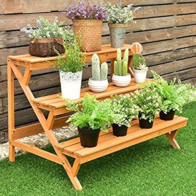 AmazonSmile : Giantex 3-Tier Plant Stand Flower Pot Holder Display Rack Stand with Step Design, Yellow : Garden & Outdoor Pallet Garden Benches, Ladder Plant Stand, Plant Ladder, Corner Plant, Wood Steps, Tiered Garden, Wooden Plant Stands, Wooden Steps, Wood Plant Stand